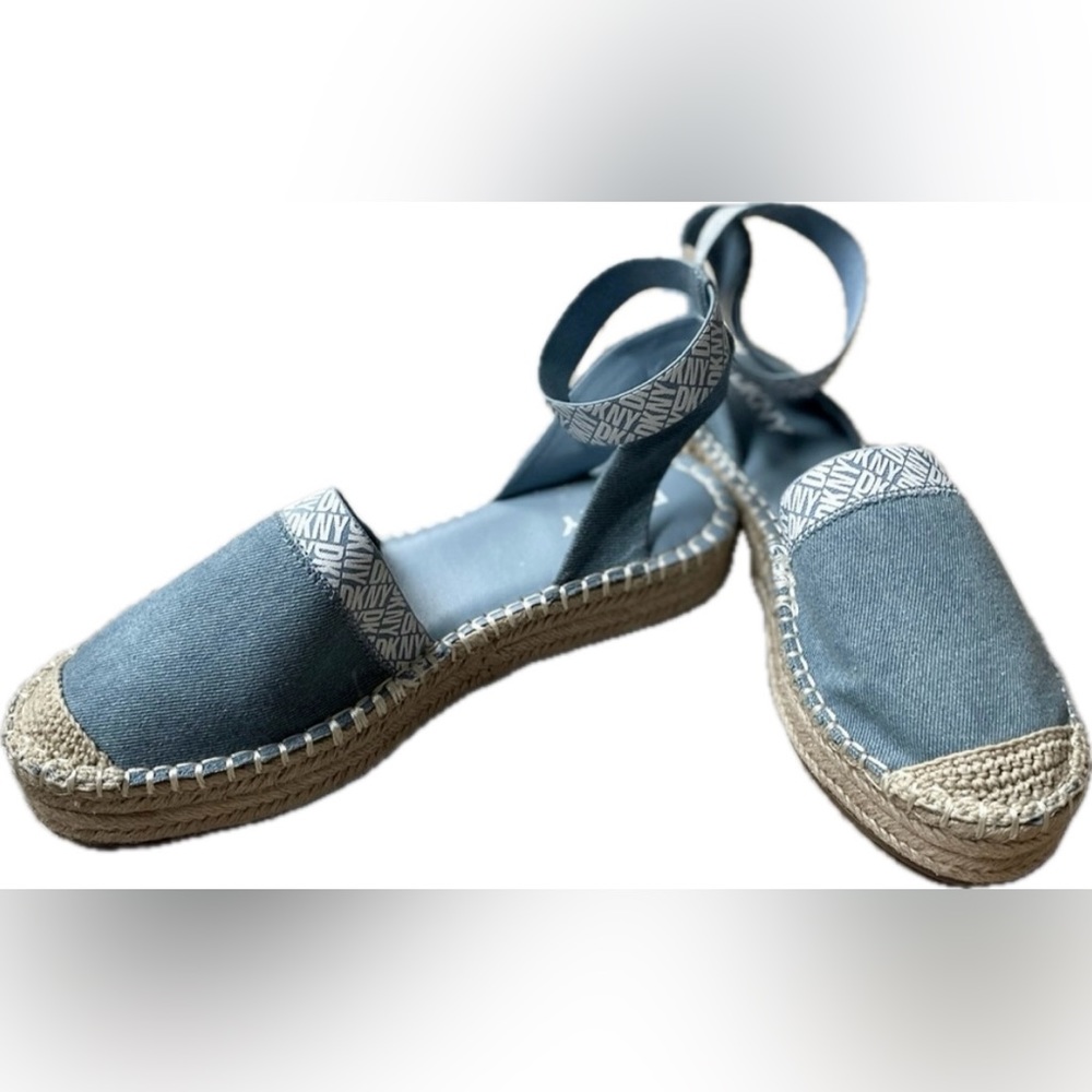 DKNY Melanie Blue Chambray Denim Anklestrap platform espadrilles flats